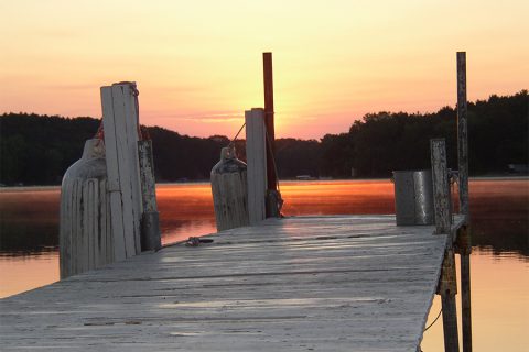 long lake pier red sunrise